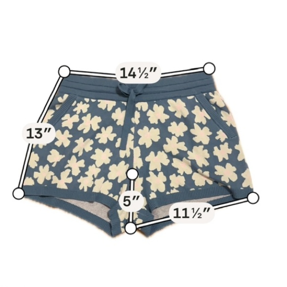 Floral Knit Drawstring Shorts in Blue and Cream - Picture 6 of 7